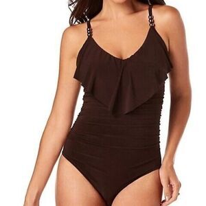 MAGICSUIT Isabel One Piece Swimsuit Brown Flouncy Slimming Tummy Control Swim 12